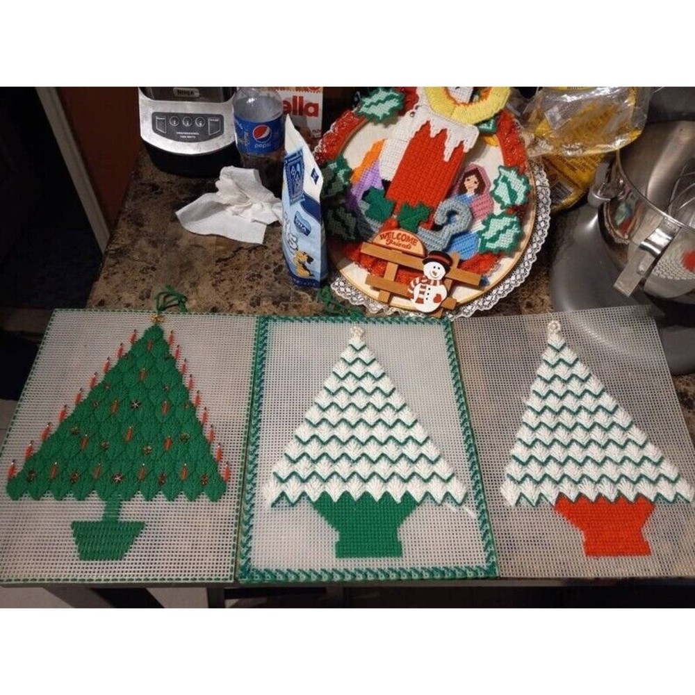 Christmas Tree Plastic Canvas Set- Completed/Partially Completed.
